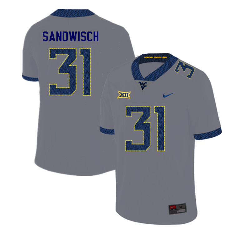 2019 Men #31 Zach Sandwisch West Virginia Mountaineers College Football Jerseys Sale-Gray - Click Image to Close